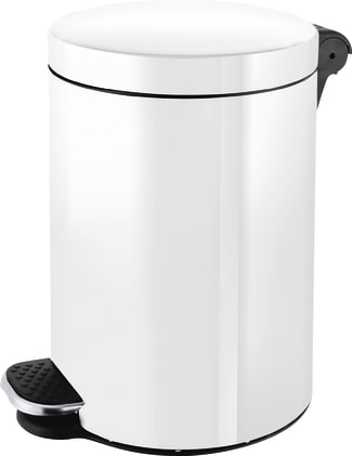 Treteimer aus Edelstahl oder pulverbeschichtetem Weiß, mit Kunststoff-Innenbehälter und Metallgriff zur einfachen Entleerung. Bild 1