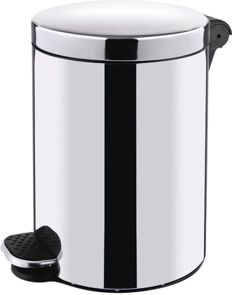 Treteimer aus Edelstahl oder pulverbeschichtetem Weiß, mit Kunststoff-Innenbehälter und Metallgriff zur einfachen Entleerung. Bild 1