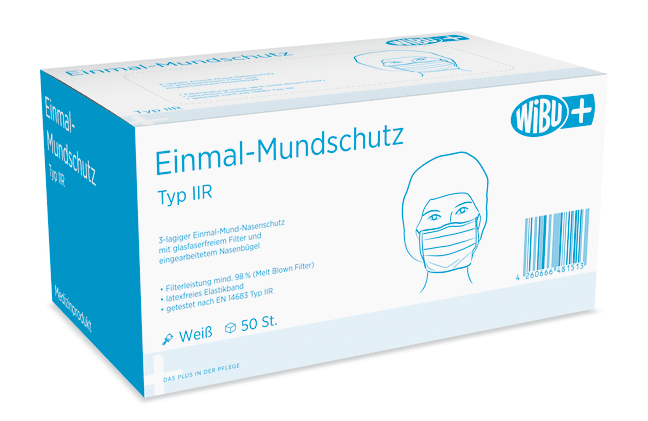 WiBUplus Einmal-Mundschutz 3-lagig Typ IIR (50er-Pack), Bild 2 Einmal Maske mit Glasfaserfreiem Filter, mind. 98% Bakterienfilterleistung, flexiblem Nasenbügel, latexfrei.
␍ Bild 2