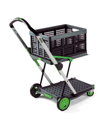 Clax Transporter: Auf- und zusammenklappbar, mit Feststellbremse und Gummibereifung. Kommt mit 46 Liter Klappbox.
␍ Bild 1