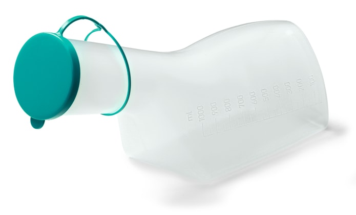 Urinflasche für Männer mit anhängendem Deckel aus Polypropylen, transparent, autoklavierbar bis 130 °C, graduiert. Bild 1