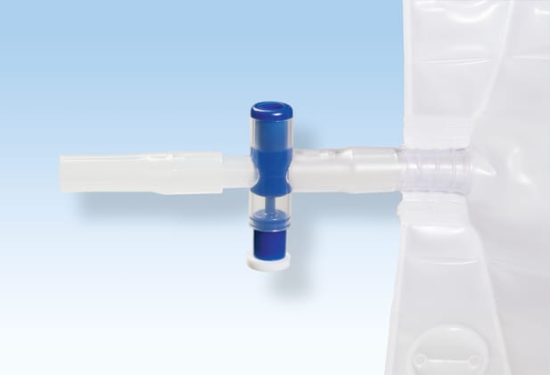 Urinbeinbeutel 750ml steril, Bild 4 Steriler Urinbeinbeutel mit 750 ml Volumen. Ausgestattet mit einem Refluxventil zur Vermeidung von Infektionen. Bild 4