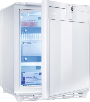 Medikamentenkühlschrank lagert bei 2-8 °C, mit Thermometer, Warnsignal, drei Schubladen und Türschloss.
␍ Bild 3