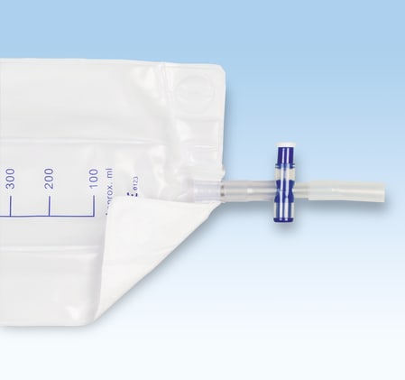 Urinbeinbeutel 750ml steril, Bild 2 Steriler Urinbeinbeutel mit 750 ml Volumen. Ausgestattet mit einem Refluxventil zur Vermeidung von Infektionen. Bild 2