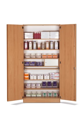 Stationszimmerschrank mit abschließbaren Fächern, ausziehbarer Arbeitsplatte und 4 Einlegeböden. In Platinweiß oder Buche Bild 1