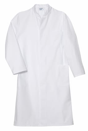 Visitenmantel mit Stehkragen, langen Ärmeln, drei Taschen und einen Ziergürtel. Er lässt sich mit Druckknöpfen in einer Knopfleiste schließen. Bild 1