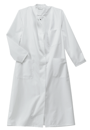 Visitenmantel mit formstehendem Kragen, versteckter Druckknopfleiste, Brusttasche, zwei Seitentaschen und Ziergürtel im Rückenteil. 
␍
␍ Bild 1