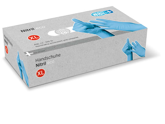 Die WiBUplus Nitril eco Handschuhe (100er-Pack)sind Latex- und puderfrei, nachhaltig produziert und verpackt.
␍ Bild 1