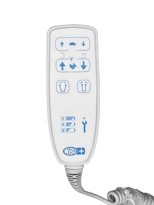 Der Handschalter für Aufstehhilfe/Lifter Ergolet hat 6 Tasten. Der Anschluss ist rund und 8-polig. Bild 1