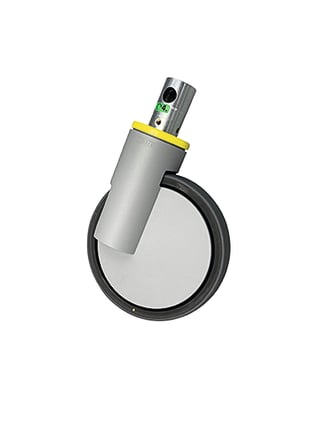 Die leitfähige Rolle für Klinikbett Stiegelmeyer Seta ​hat einen Durchmesser von 150 mm und ist eine Blaugrau, seidenmatte Lenksperrrolle vom Hersteller Prorl.
␍ Bild 1