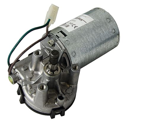 Der Getriebemotor für Pflegebett Völker kommt mit einem silbernen Gehäuse aus Metall und ist geeignet für das Modell 2080 S. Bild 1