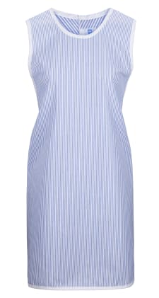 Überwurfschürze ohne Taschen in Blau-Weiß – weiß eingefasst, mit Rückenbändern, ideal als Kleiderschutz für Bewohner oder Mitarbeiter. Bild 1